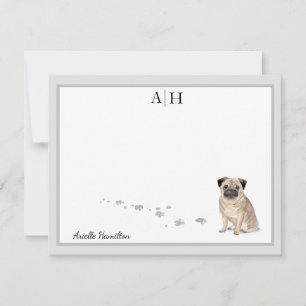 Pug Dog Gray Border Monogram Personalized Custom Card
