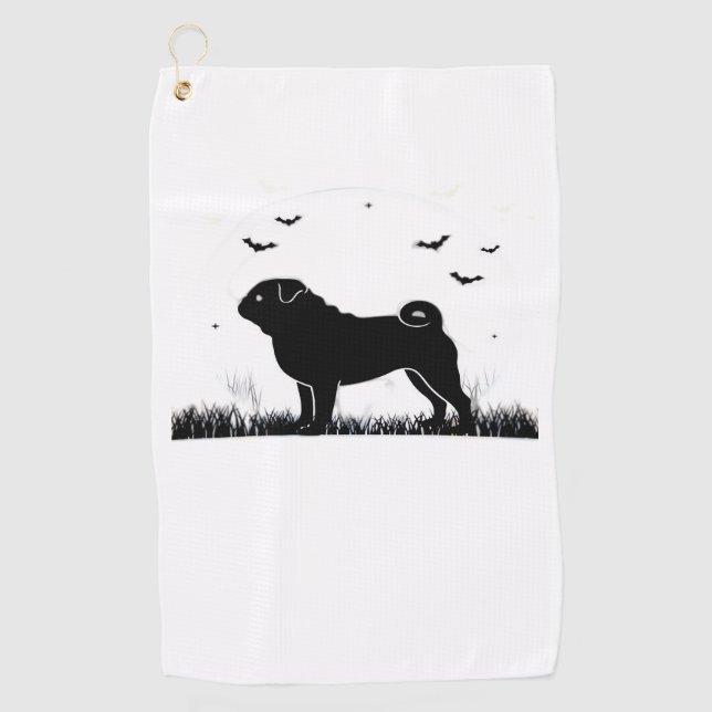 Pug Dog – Halloween Moon Silhouette Classic T-Shir Golf Towel (Front)