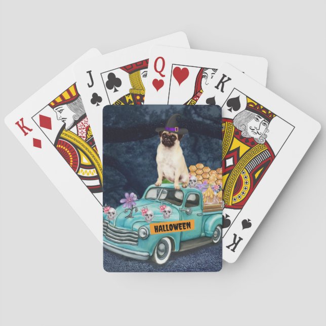 Pug Dog Halloween Truck Scary Night Playing Cards (Back)