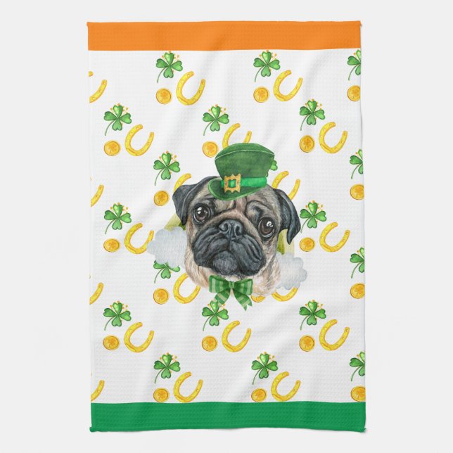 Pug Dog Holiday Home Decor St Patricks Day Tea Towel (Vertical)