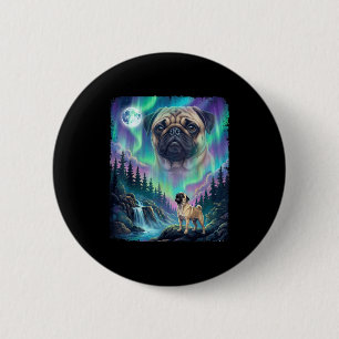 Pug dog howling northern lights aurora moon forest 6 cm round badge