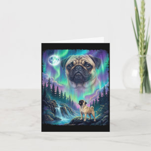 Pug dog howling northern lights aurora moon forest card