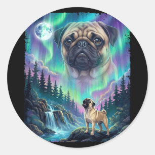 Pug dog howling northern lights aurora moon forest classic round sticker