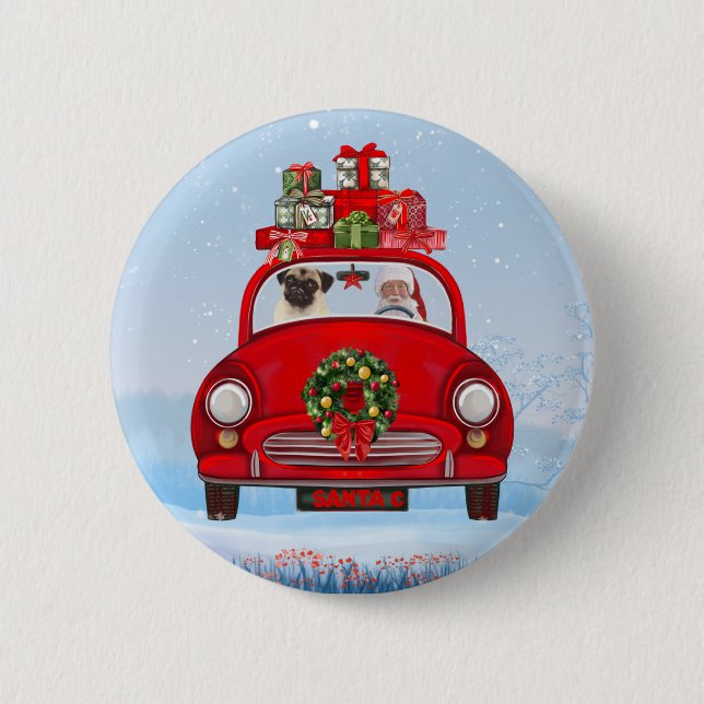 Pug Dog In Car With Santa Claus 6 Cm Round Badge (Front)