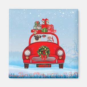 Pug Dog In Car With Santa Claus Magnet