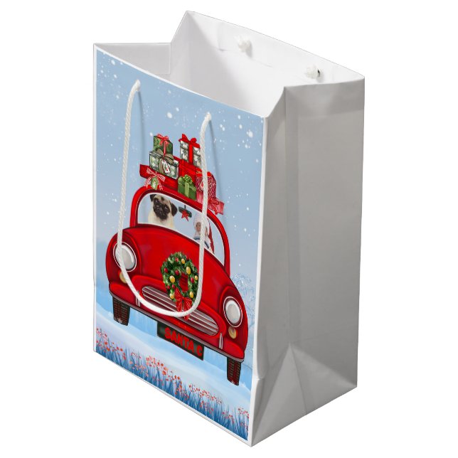 Pug Dog In Car With Santa Claus Medium Gift Bag (Front Angled)
