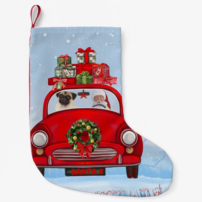 Pug Dog In Car With Santa Claus Small Christmas Stocking (Front)