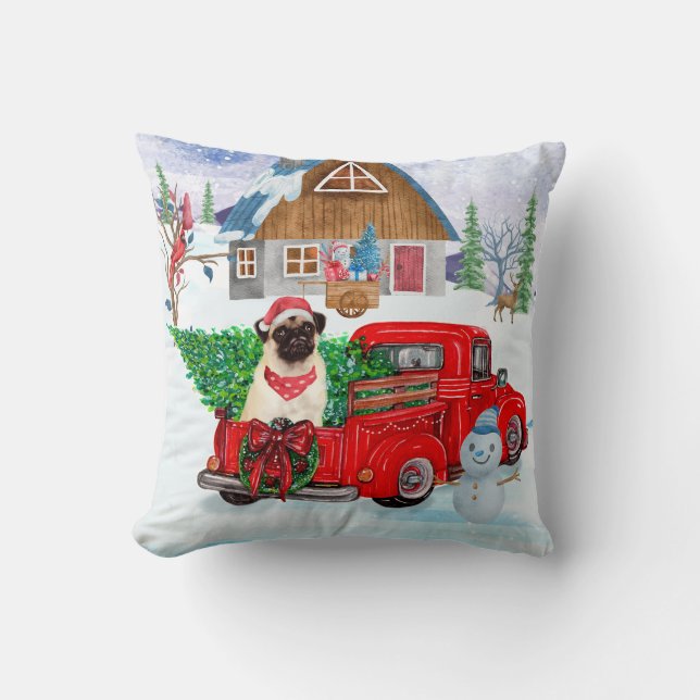 Pug Dog In Christmas Delivery Truck Snow Cushion (Front)