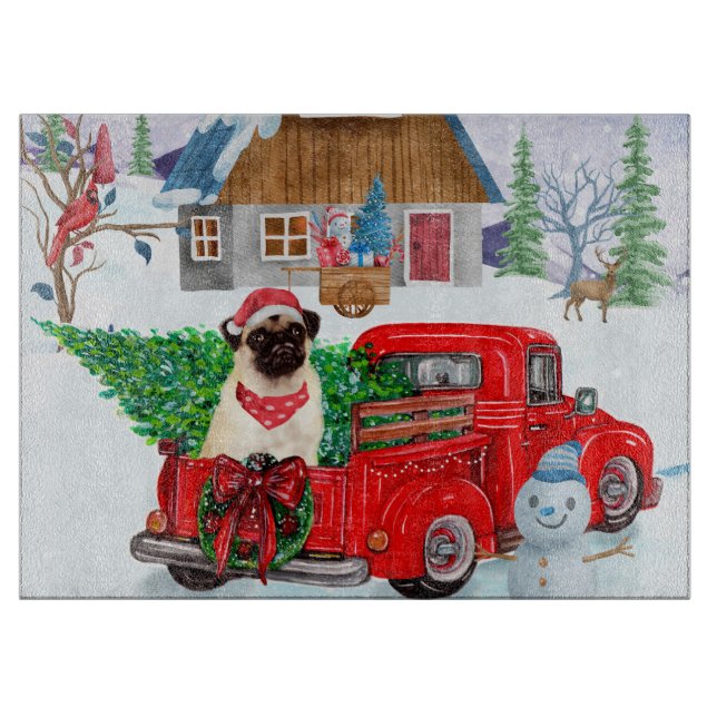 Pug Dog In Christmas Delivery Truck Snow Cutting Board (Front)