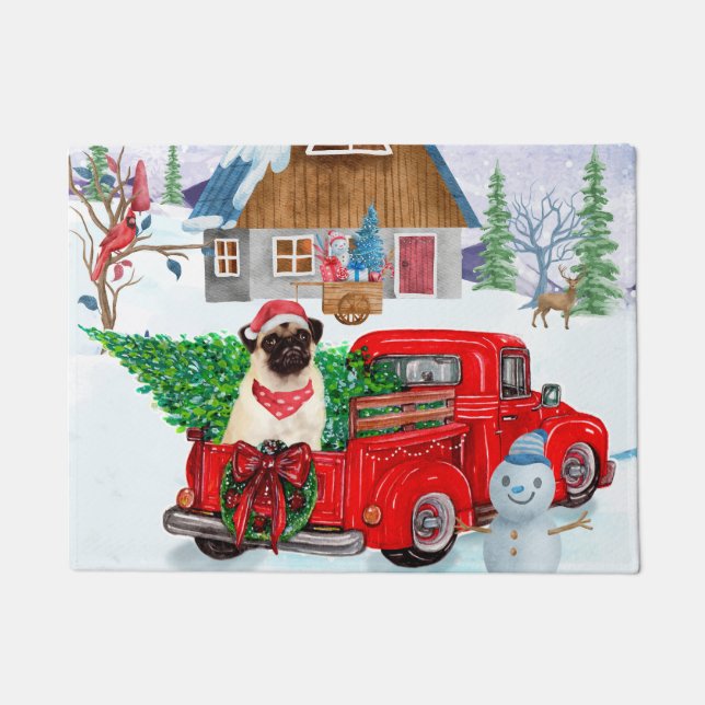 Pug Dog In Christmas Delivery Truck Snow Doormat (Front)