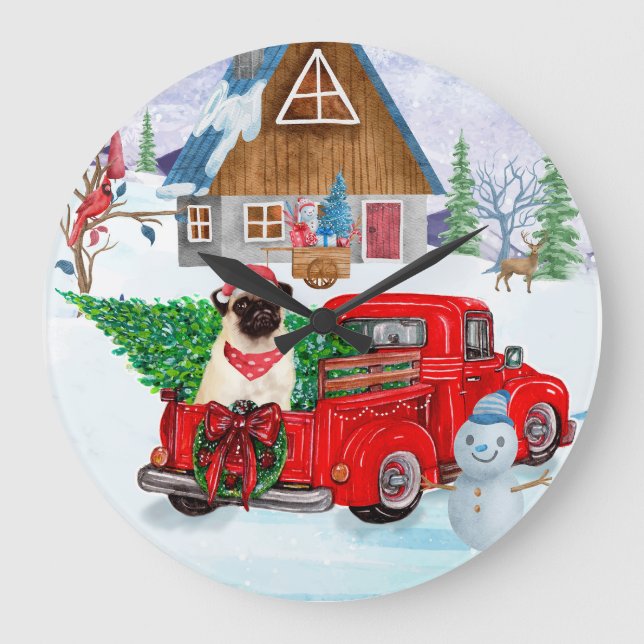 Pug Dog In Christmas Delivery Truck Snow Large Clock (Front)
