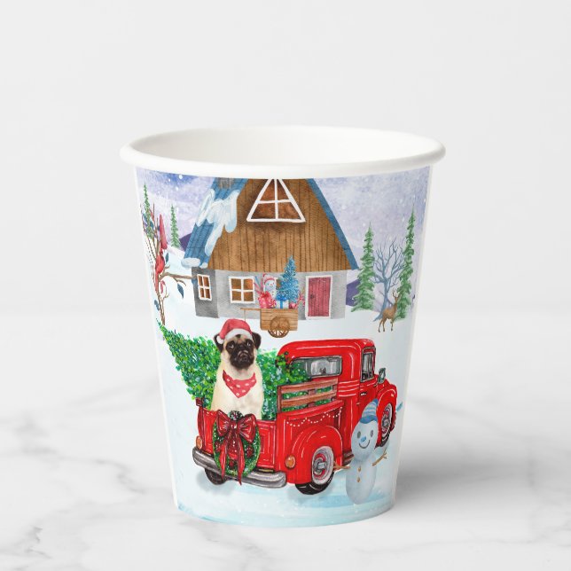 Pug Dog In Christmas Delivery Truck Snow Paper Cups (Front)