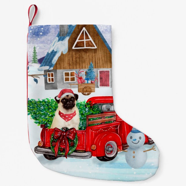Pug Dog In Christmas Delivery Truck Snow  Small Christmas Stocking (Front)