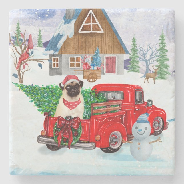 Pug Dog In Christmas Delivery Truck Snow Stone Coaster (Front)