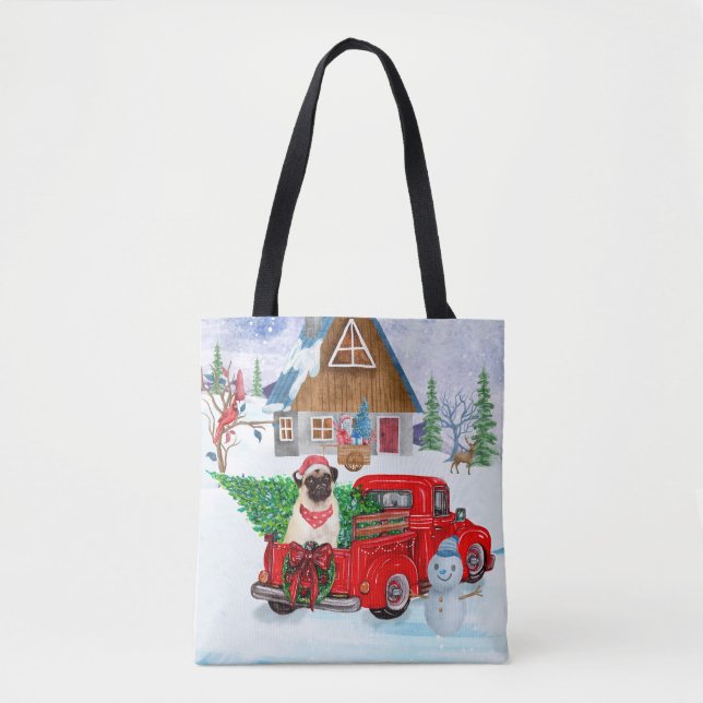 Pug Dog In Christmas Delivery Truck Snow Tote Bag (Front)