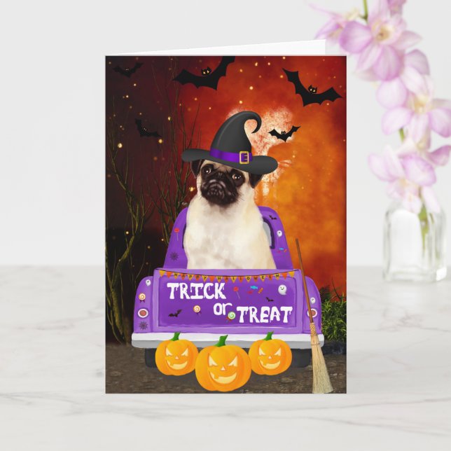 Pug Dog in Halloween Truck Card (Orchid)