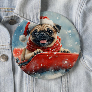 Pug Dog in Sledge Let it Snow Christmas 6 Cm Round Badge