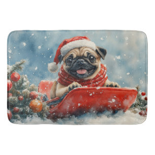 Pug Dog in Sledge Let it Snow Christmas Bath Mat