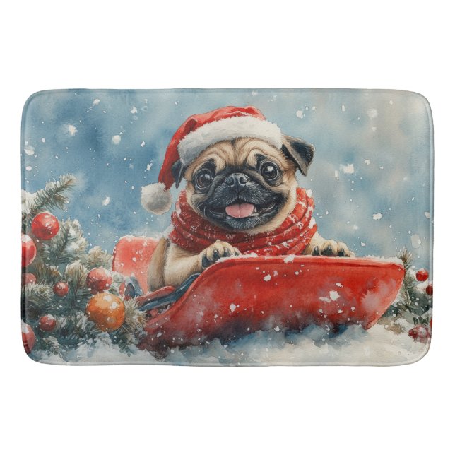 Pug Dog in Sledge Let it Snow Christmas Bath Mat (Front)