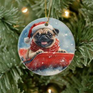 Pug Dog in Sledge Let it Snow Christmas Ceramic Ornament
