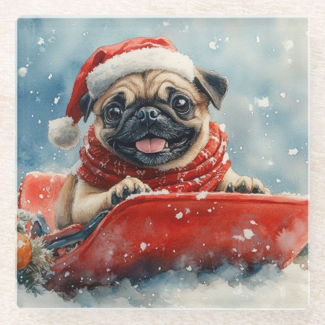Pug Dog in Sledge Let it Snow Christmas Glass Coaster (Front)