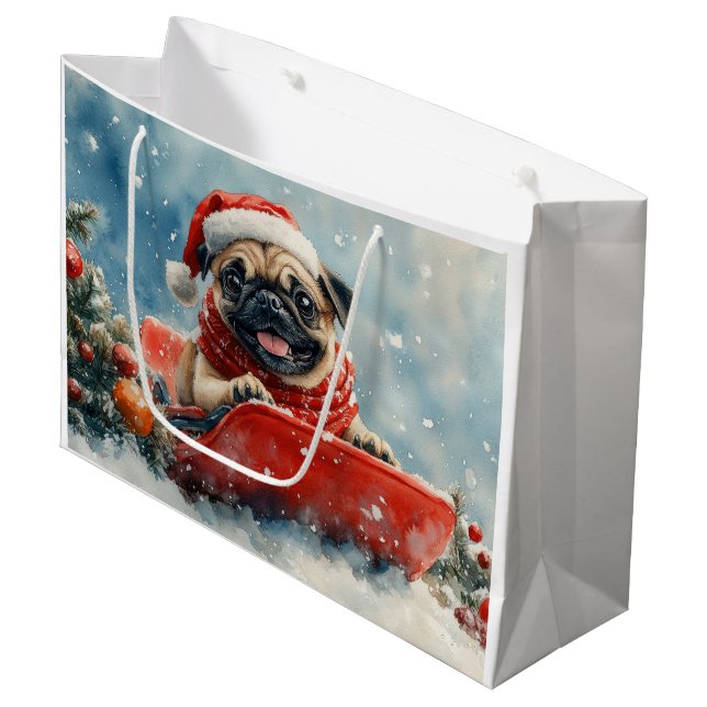 Pug Dog in Sledge Let it Snow Christmas Large Gift Bag (Front Angled)