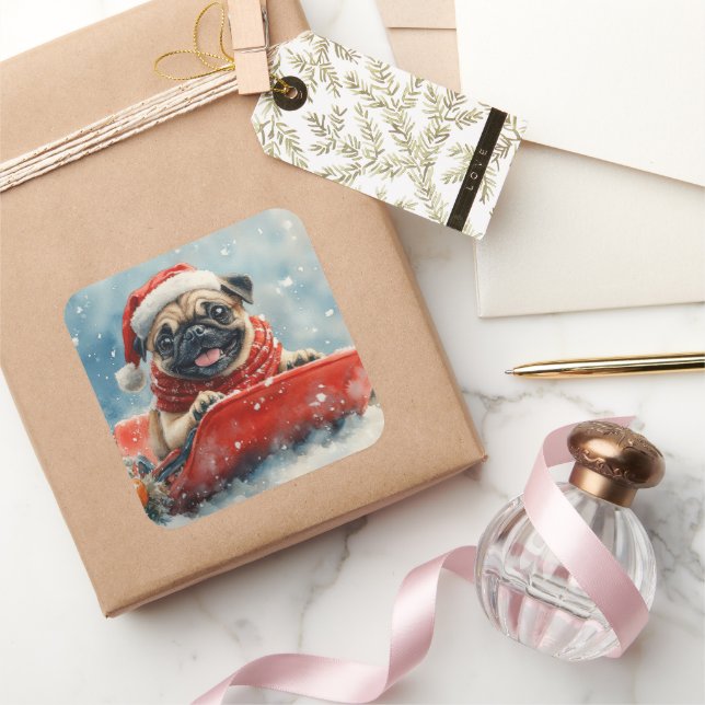 Pug Dog in Sledge Let it Snow Christmas Square Sticker (Gifting)