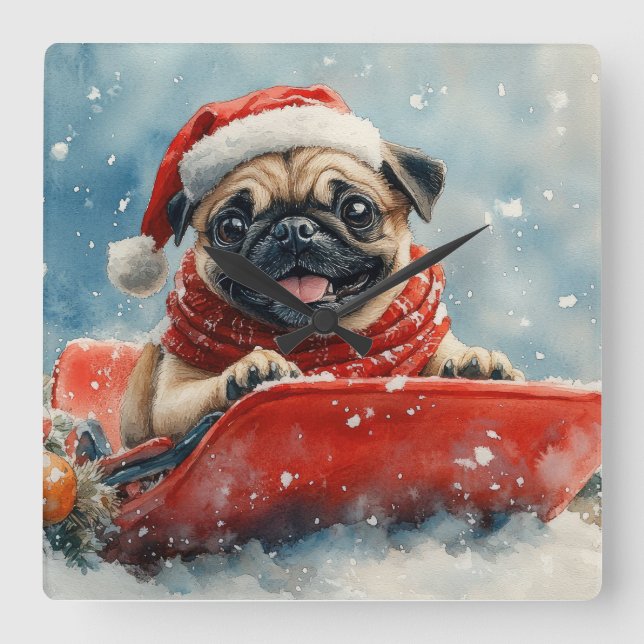 Pug Dog in Sledge Let it Snow Christmas Square Wall Clock (Front)
