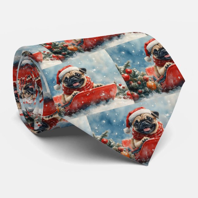 Pug Dog in Sledge Let it Snow Christmas Tie (Rolled)