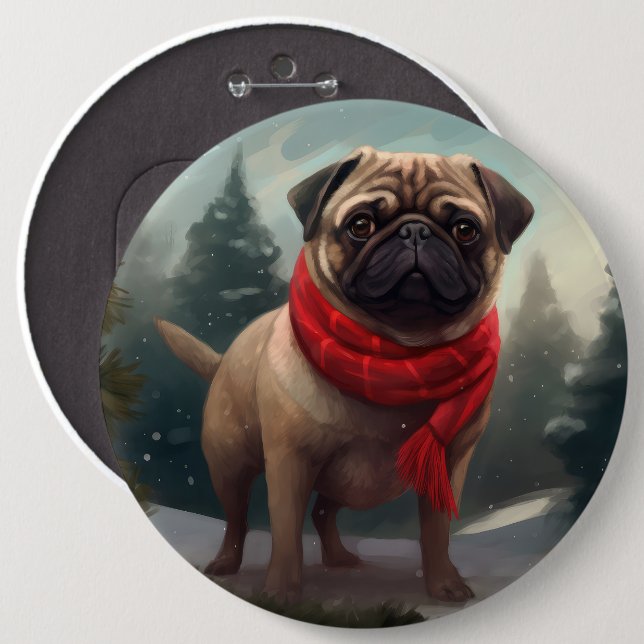 Pug Dog in Snow Christmas 6 Cm Round Badge (Front & Back)