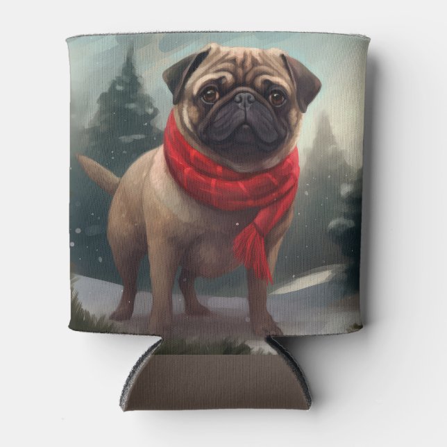 Pug Dog in Snow Christmas Can Cooler (Front)