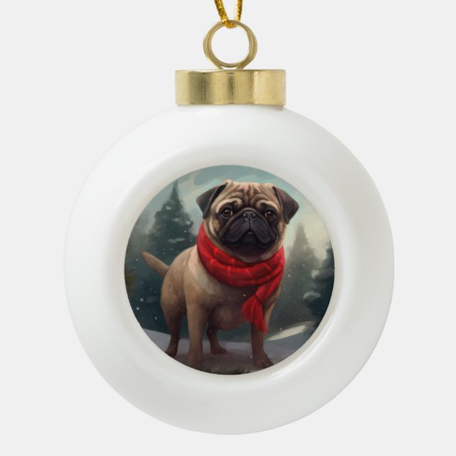 Pug Dog in Snow Christmas Ceramic Ball Christmas Ornament (Front)