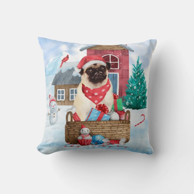 Pug Dog In snow Christmas Dog House Cushion (Front)