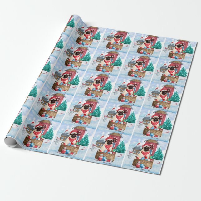 Pug Dog In snow Christmas Dog House Wrapping Paper (Unrolled)