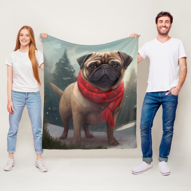 Pug Dog in Snow Christmas Fleece Blanket (In Situ)