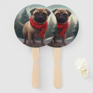 Pug Dog in Snow Christmas Hand Fan