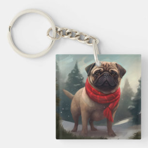 Pug Dog in Snow Christmas Key Ring