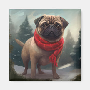 Pug Dog in Snow Christmas Magnet
