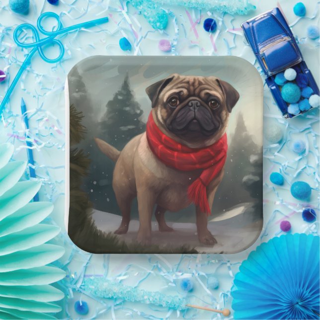 Pug Dog in Snow Christmas Paper Plate (Party)