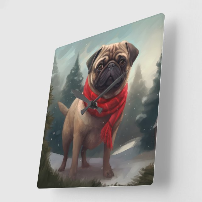 Pug Dog in Snow Christmas Square Wall Clock (Angle)