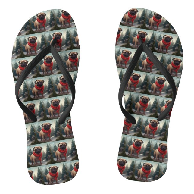 Pug Dog in Snow Christmas Thongs (Footbed)