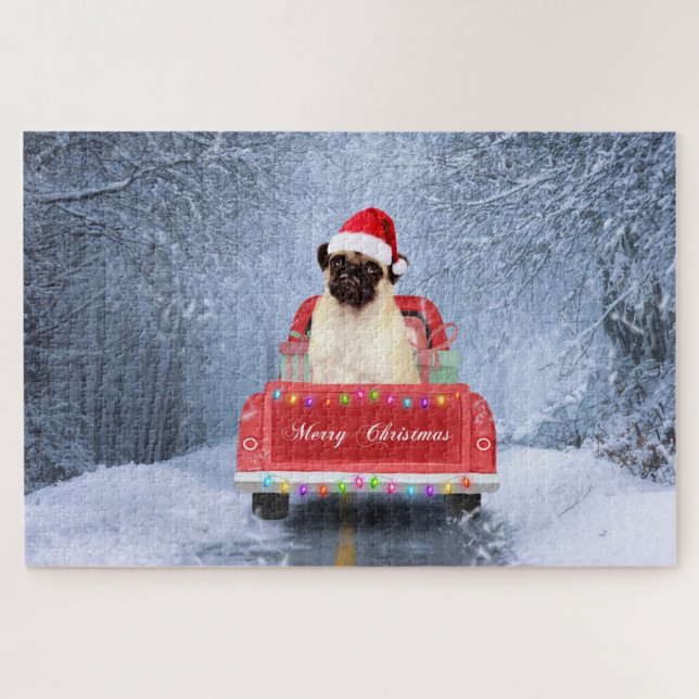 Pug Dog in Snow sitting in Christmas Truck  Jigsaw Puzzle (Horizontal)