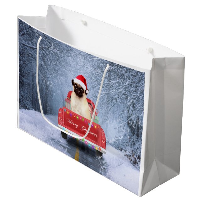 Pug Dog in Snow sitting in Christmas Truck  Large Gift Bag (Front Angled)