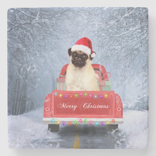 Pug Dog in Snow sitting in Christmas Truck Stone Coaster (Front)