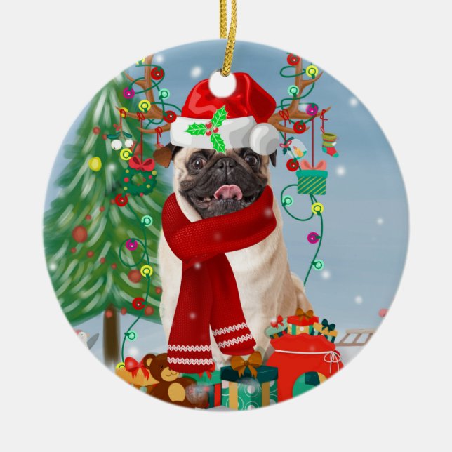 Pug Dog in Snow with Christmas Gifts   Ceramic Ornament (Front)