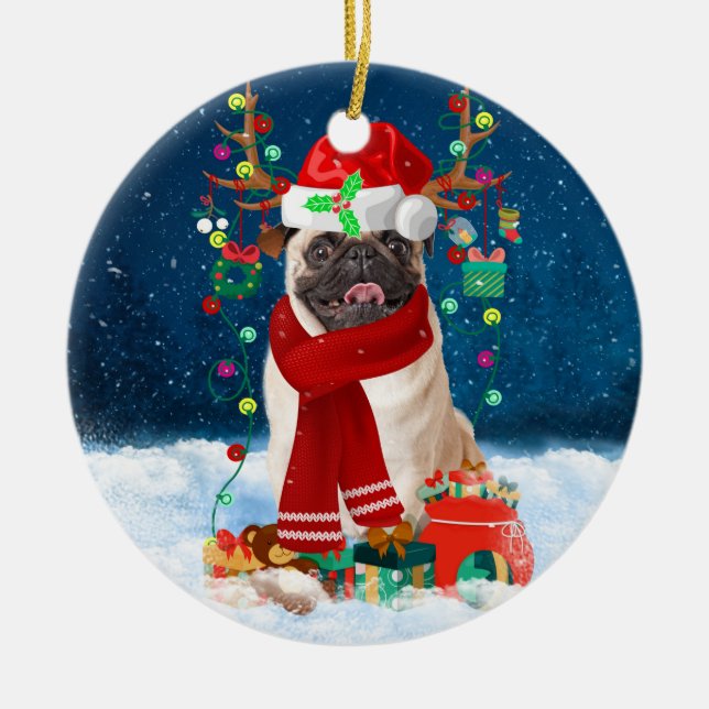Pug Dog in Snow with Christmas Gifts  Ceramic Ornament (Front)