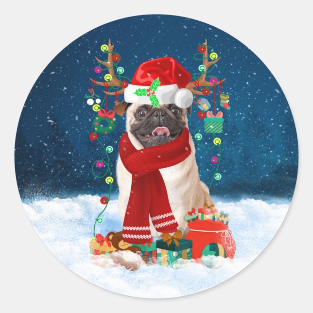 Pug Dog in Snow with Christmas Gifts  Classic Round Sticker (Front)