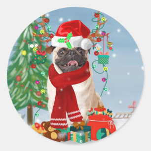 Pug Dog in Snow with Christmas Gifts   Classic Round Sticker