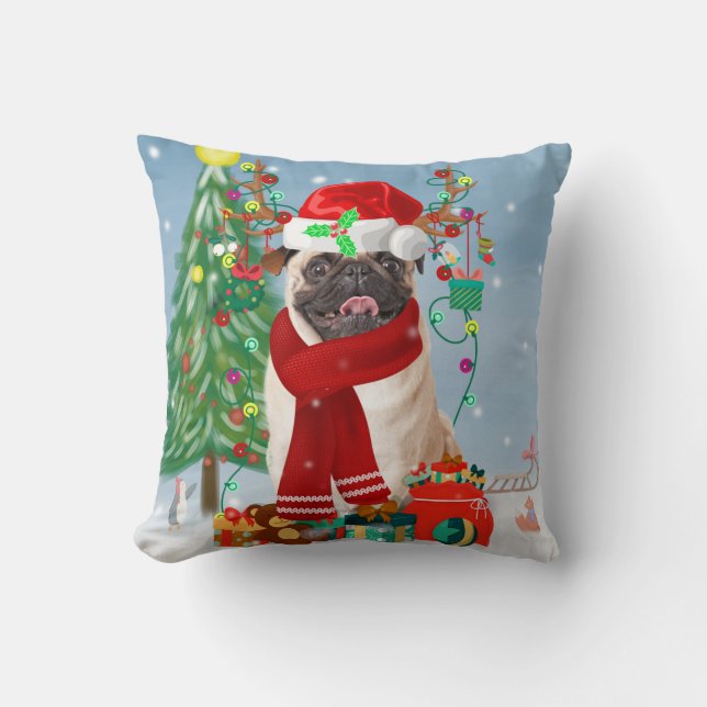 Pug Dog in Snow with Christmas Gifts  Cushion (Front)