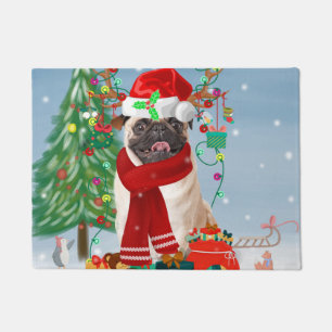Pug Dog in Snow with Christmas Gifts   Doormat